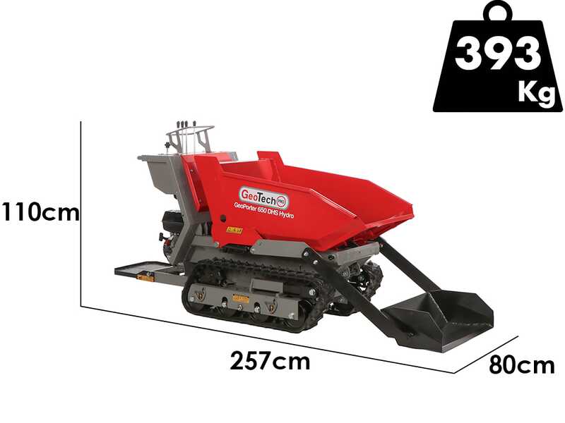 GeoTech Pro GeoPorter 650 DHS Hydro - Motocarriola cingolata cassone dumper 650Kg con paletta - Cambio idrostatico