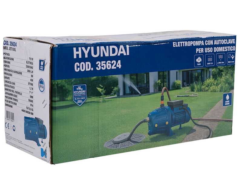 Hyundai JET100L - Elettropompa autoadescante da giardino con attacchi da 1" (25mm) - Acque chiare - 750 W