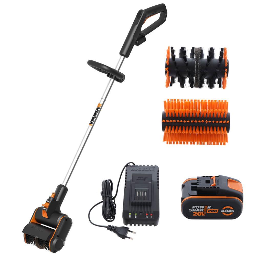 Worx WG441E Pulitore per esterni a batteria Batteria da 20V 4Ah 2 spazzole incluse Spazzole rotanti a batteria per pulizia pavimenti esterni