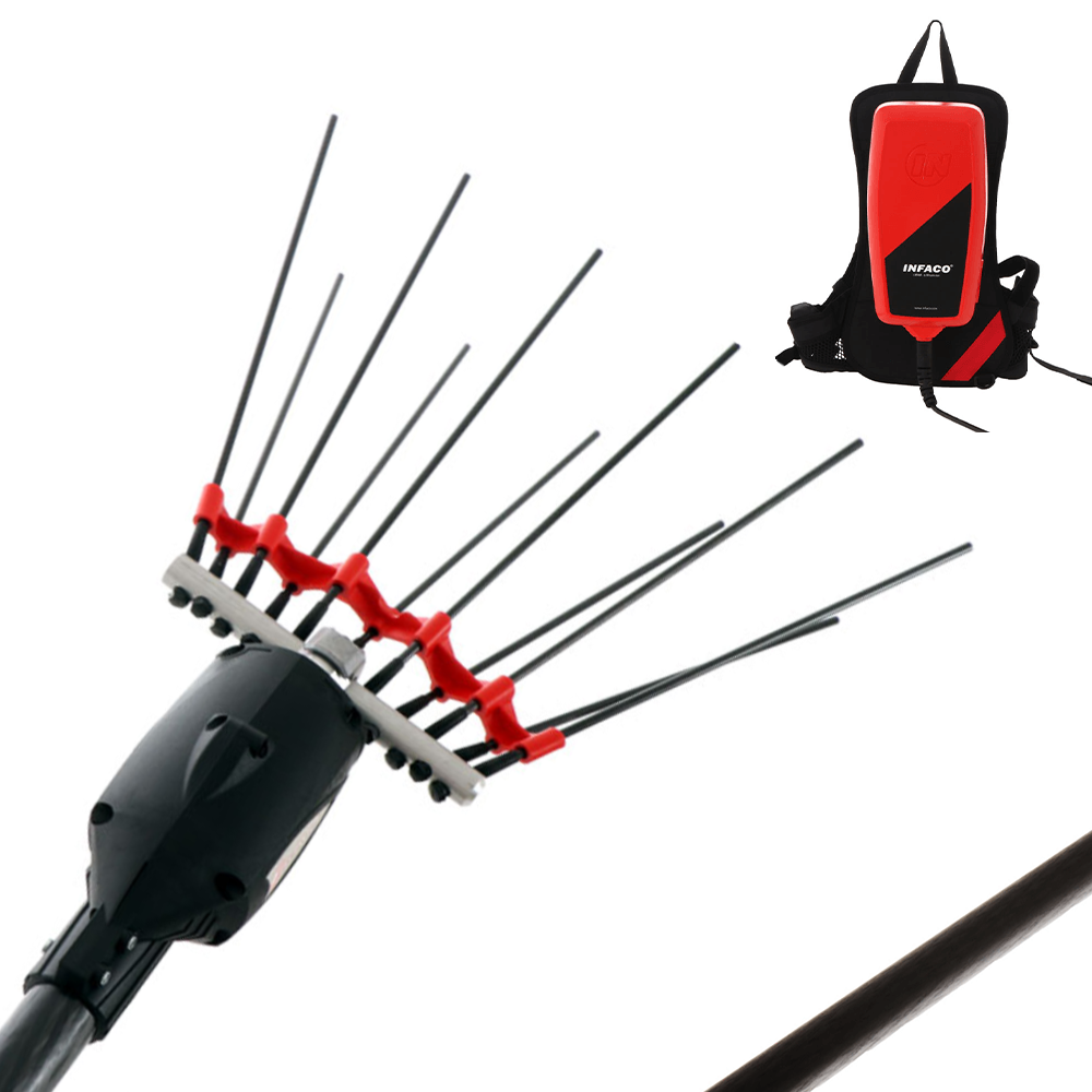 Infaco V5000P3EF Abbacchiatore elettrico a batteria su asta fissa da 250 cm Batteria a zaino inclusa Abbacchiatori elettrici a movimento rotatorio