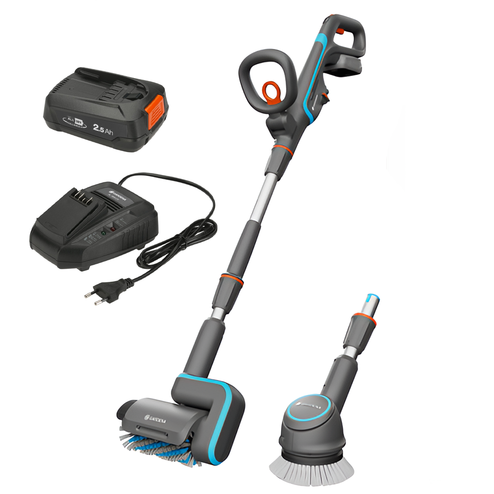 Gardena AquaBrush Universal 03/18V P Lavapavimenti a batteria + Spazzola con starter kit 18V 2.5Ah Spazzole rotanti a batteria per pulizia pavimenti e