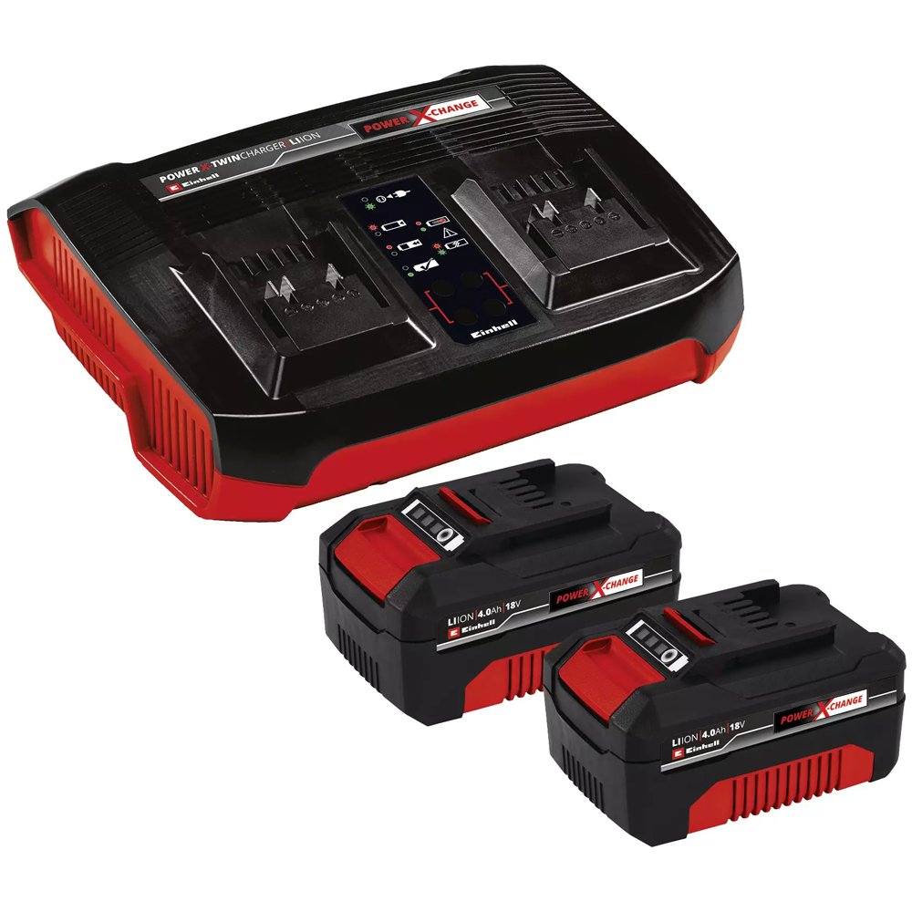 Einhell Starter kit Power X-Change 2 batterie da 18V/4.0Ah e Caricabatterie doppio Batterie e caricabatterie Tagliaerba