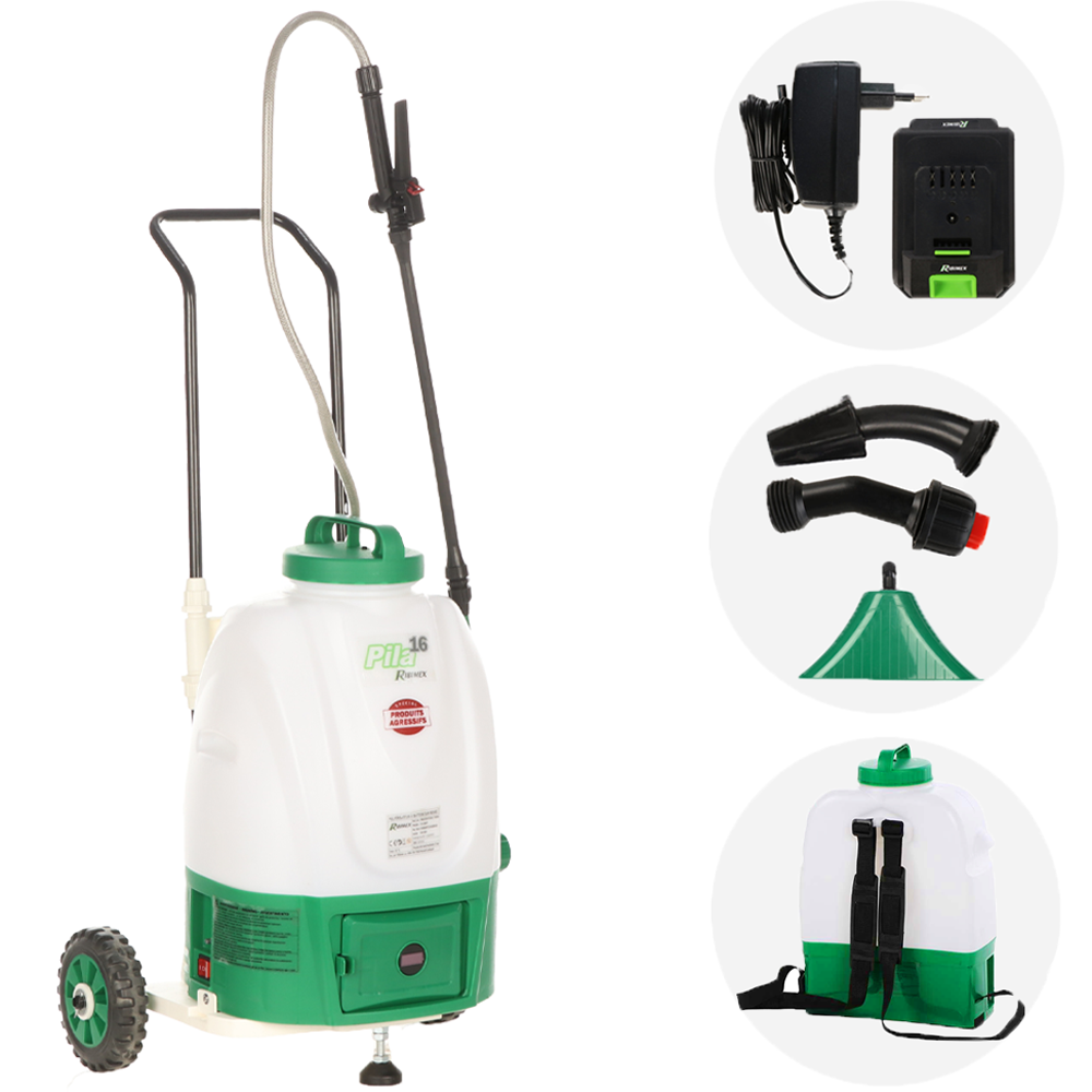 Ribimex Pila 16 Pompa irroratrice carrellata a batteria 16 litri 20V 2Ah Pompe irroratrici a batteria a trolley con serbatoio