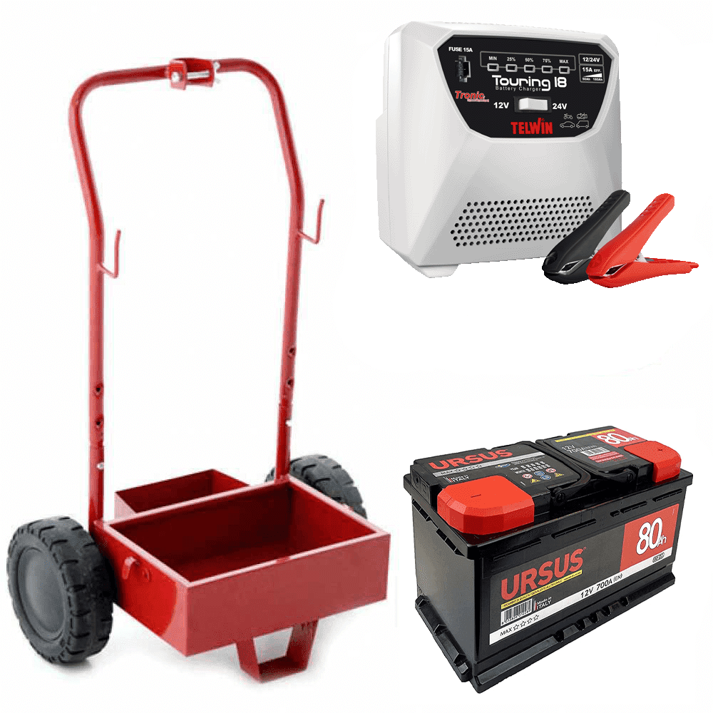T.O. Set completo: carrello in metallo + batteria 80 Ah + caricabatteria Telwin Touring 18 Set Abbacchiatori: carrello + caricabatteria + batteria