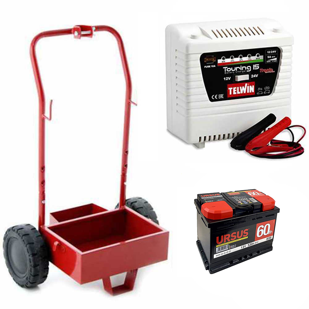 T.O. Set completo: carrello in metallo + batteria 60 ah + caricabatteria Telwin Touring 15 Set Abbacchiatori: carrello + caricabatteria + batteria