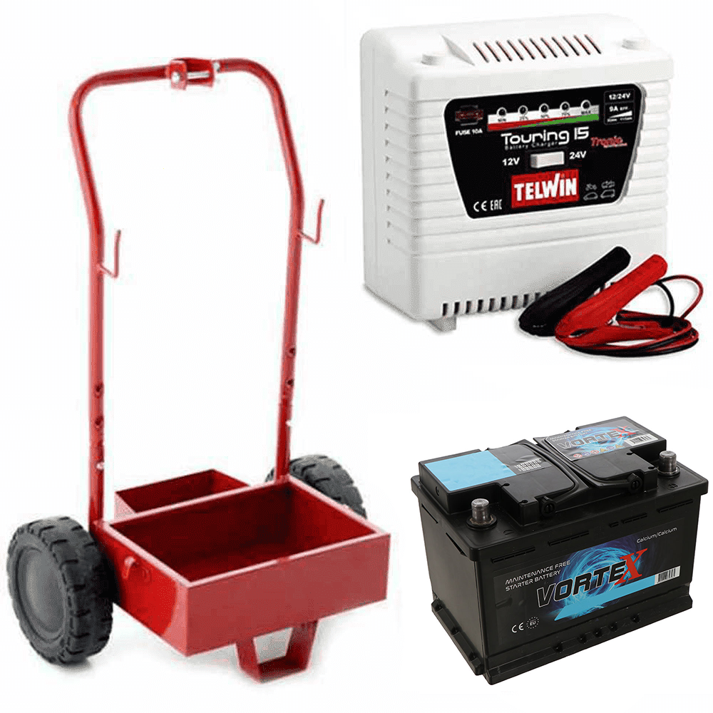T.O. Set completo: carrello in metallo + batteria 50 ah + caricabatteria Telwin Touring 15 Set Abbacchiatori: carrello + caricabatteria + batteria