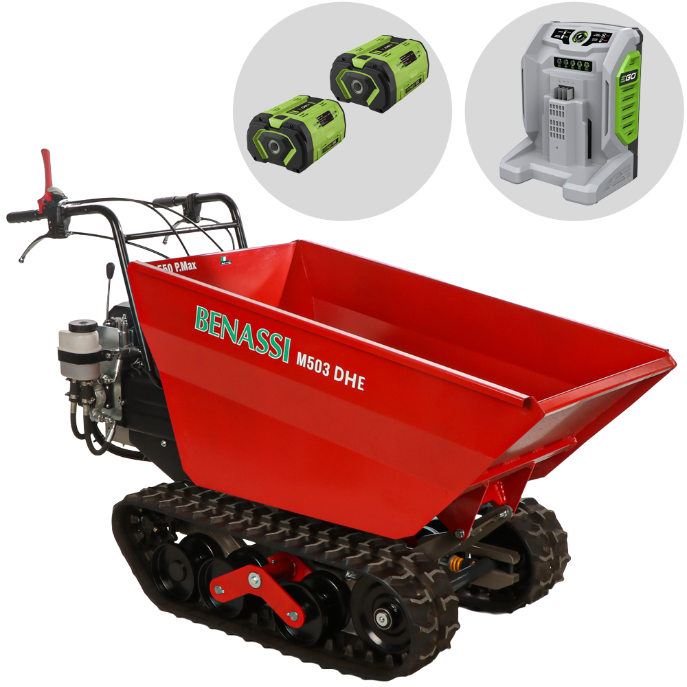 Benassi M503E DH Motocarriola a batteria con motore EGO 2x 56V 12Ah Ribaltamento idraulico Motocarriole a batteria cingolate