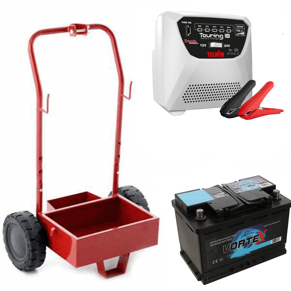T.O. Set completo: carrello in metallo + batteria 70 Ah + caricabatteria Telwin Touring 18 Set Abbacchiatori: carrello + caricabatteria + batteria