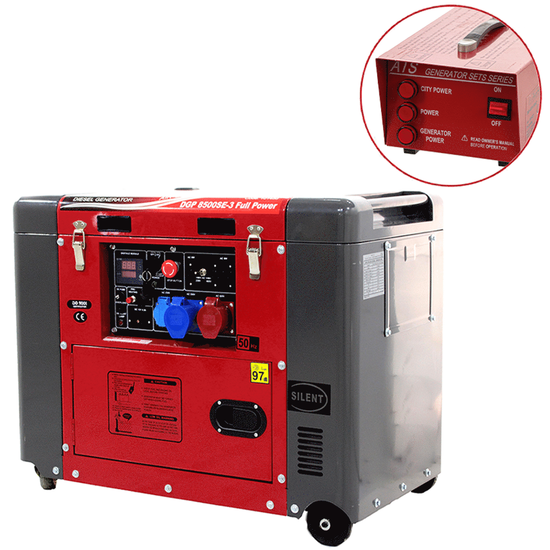 GeoTech-Pro DGP8500SE-3 - Generatore di corrente diesel silenziato carrellato con AVR 6.0 kW - Continua 5.5 kw Full-Power + ATS Trifase
