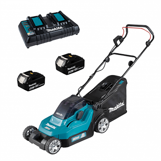 Makita DLM432PT2 - Rasaerba elettrico a batteria 2 X 5 Ah al litio - cesto di raccolta, cm 43