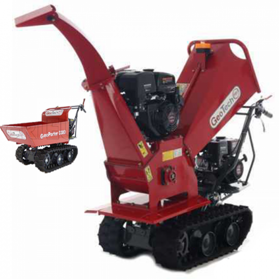 GeoTech Pro BMS 155 LE - Biotrituratore su motocarriola GeoPorter 330D semovente a cingoli 4 rulli - Motore Loncin da 15HP - Cassone dumper