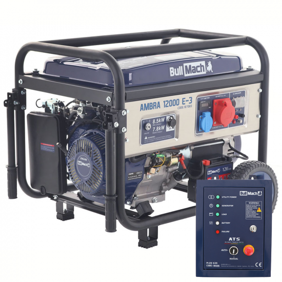 BullMach AMBRA 12000 E-3 - Generatore di corrente carrellato a benzina con AVR 8.5 kW - Continua 7.8 kW Trifase + ATS