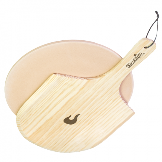 Set pietra rotonda e pala in legno per pizza