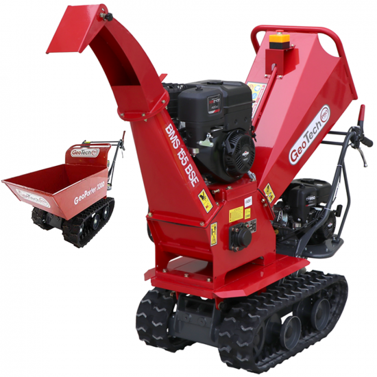 GeoTech Pro BMS 155 BSE - Biotrituratore su motocarriola GeoPorter 330E BS semovente a cingoli 4 rulli - Motore B&S da 13.5HP - Cassone dumper