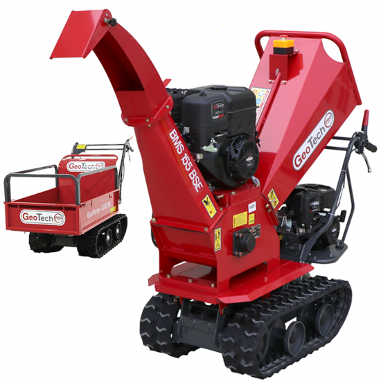 GeoTech Pro BMS 155 BSE - Biotrituratore su motocarriola GeoPorter 330E BS semovente a cingoli 4 rulli - Motore B&S da 13.5HP - Cassone estendibile