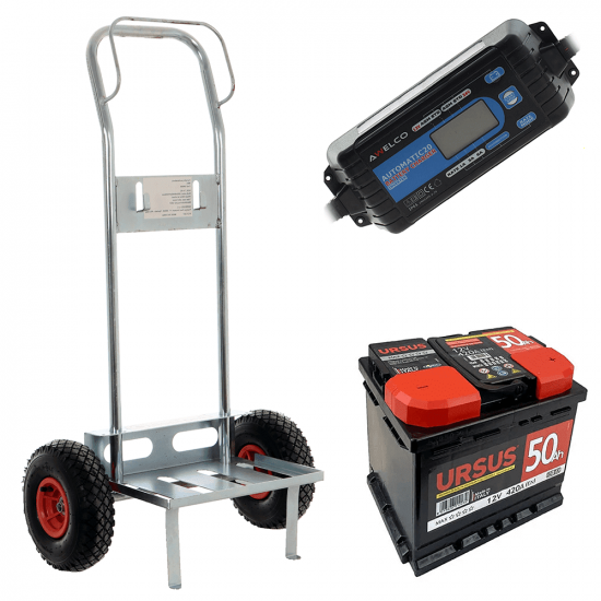 Set completo: carrello porta batteria Geotech + batteria 60 ah + caricabatteria Awelco Automatic 20