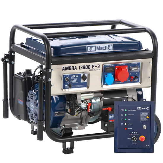 BullMach AMBRA 13800 E-3 - Generatore di corrente carrellato a benzina con AVR 10 kW - Continua 9 kW Trifase + ATS