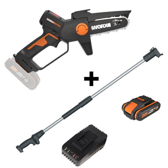 Worx Nitro WG325E - Potatore manuale a batteria + asta di prolunga - 20V/2Ah