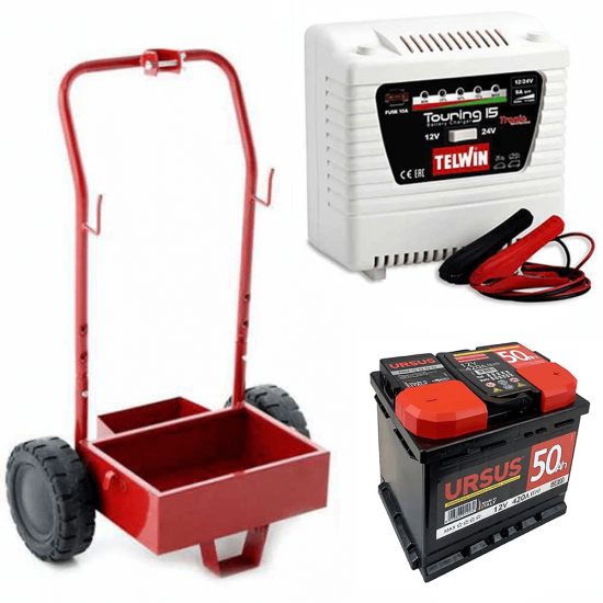 Set completo: carrello in metallo + batteria 50 ah + caricabatteria Telwin Touring 15