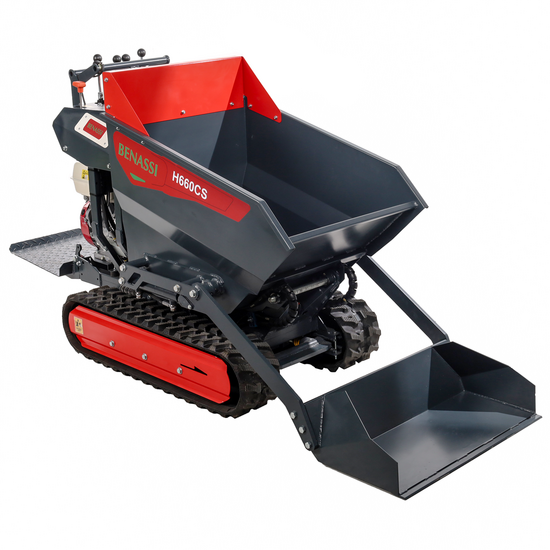 Benassi H660CS - Motocarriola cingolata - Cassone dumper idraulico con pala - Portata 600Kg