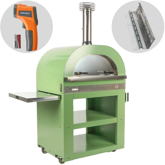 Clementi Gold - Forno a legna per pizza da esterno con carrello - Camera di cottura 80 x 60 - 4 pizze - Verde