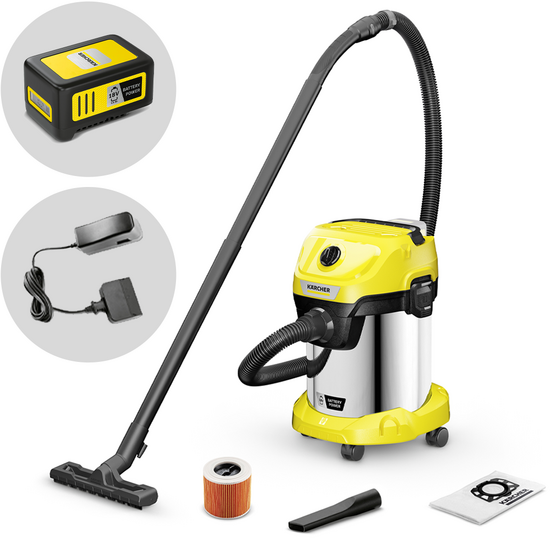 Karcher WD 3-18 S V-17/20 Battery Set - Bidone aspiratutto a batteria - Fusto in acciaio INOX - 17 litri