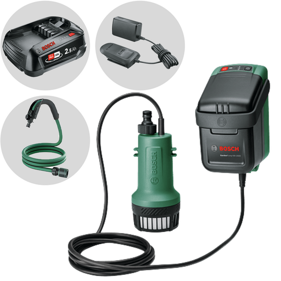 Bosch GardenPump 18V-2000 - Pompa sommersa a batteria - 18V 2.5Ah + in omaggio 1 batteria 18V 2.5Ah e caricatore