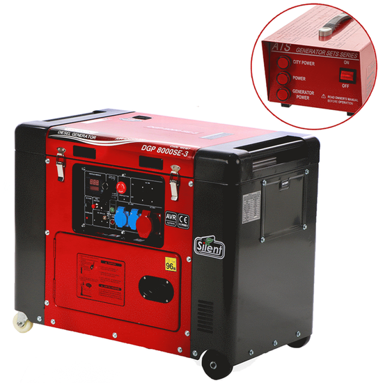 GeoTech-Pro DGP8000SE-3 - Generatore di corrente diesel silenziato carrellato con AVR 6 kW - Continua 5.5 kW Trifase + ATS