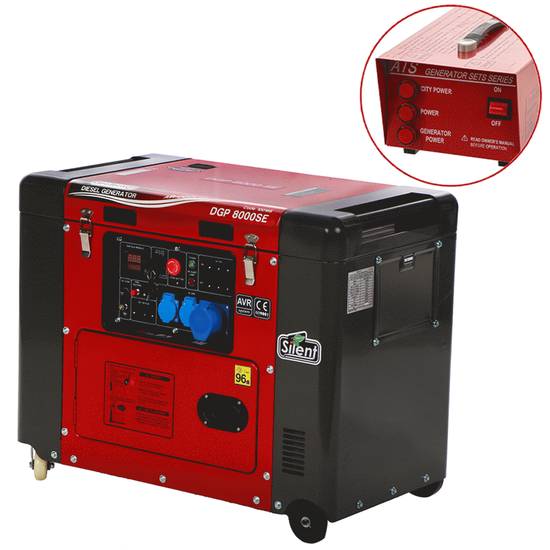 GeoTech-Pro DGP8000SE - Generatore di corrente diesel silenziato carrellato con AVR 6 kW - Continua 5.5 kW Monofase + ATS