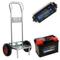 Set completo: carrello porta batteria Geotech + batteria 100 ah + caricabatteria Awelco Automatic 20