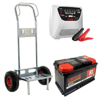 Set completo: carrello porta batteria Geotech + batteria 80 ah + caricabatteria Telwin Touring 18